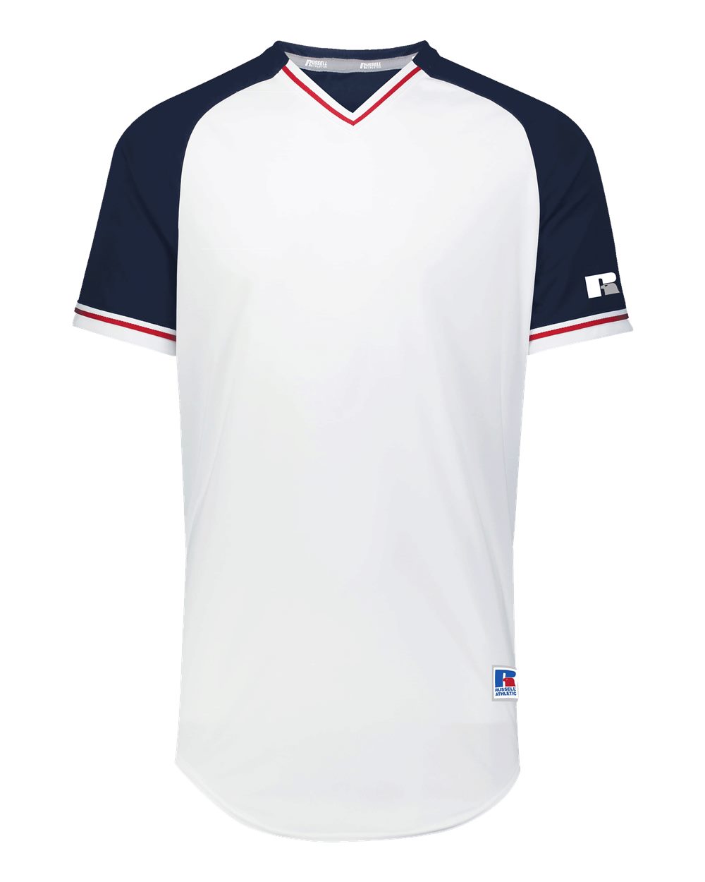 Russell Athletic R01X3M Unisex Classic V-Neck Jersey in White/ Navy/ True Red