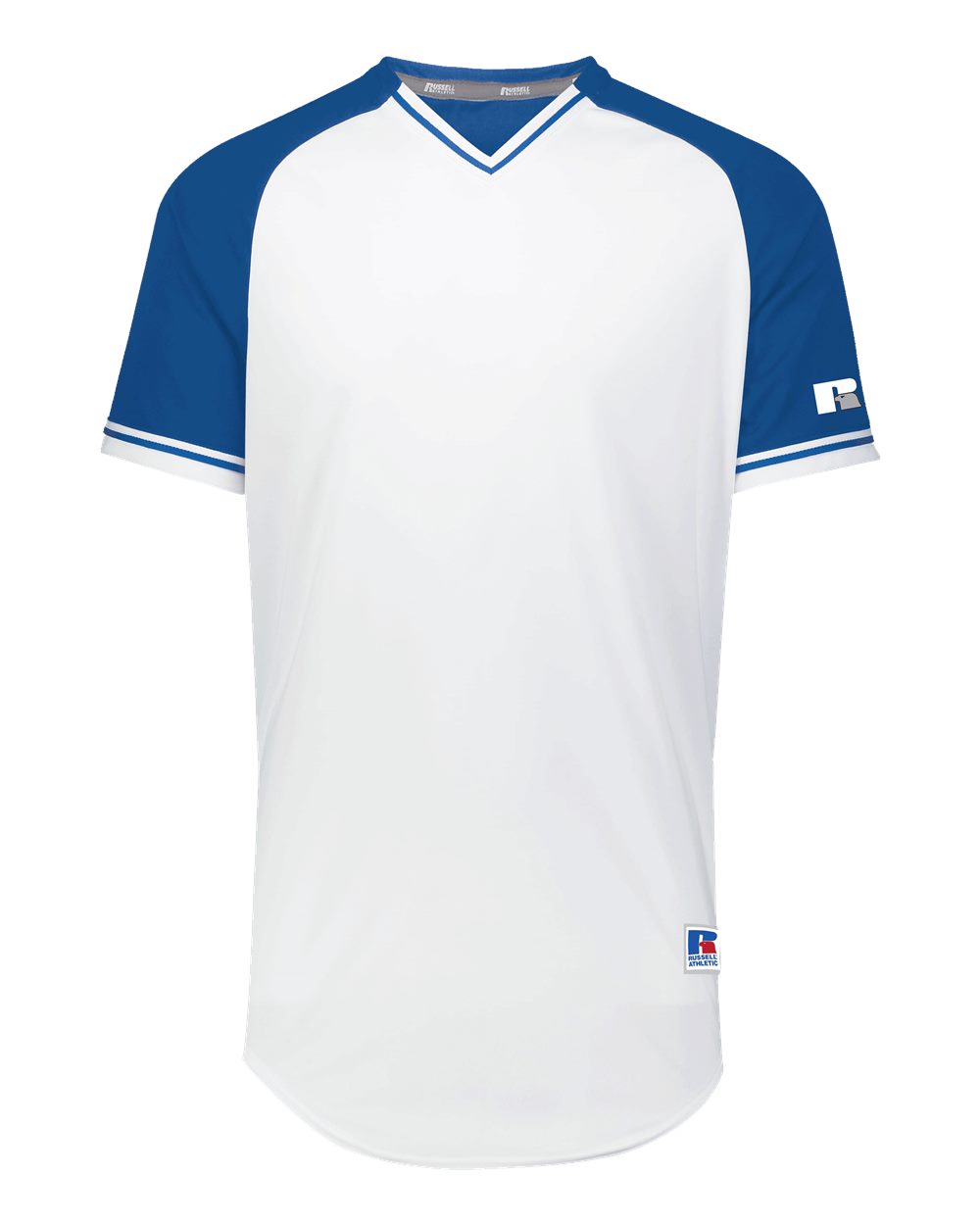 Russell Athletic R01X3M Unisex Classic V-Neck Jersey in White/ Royal/ White
