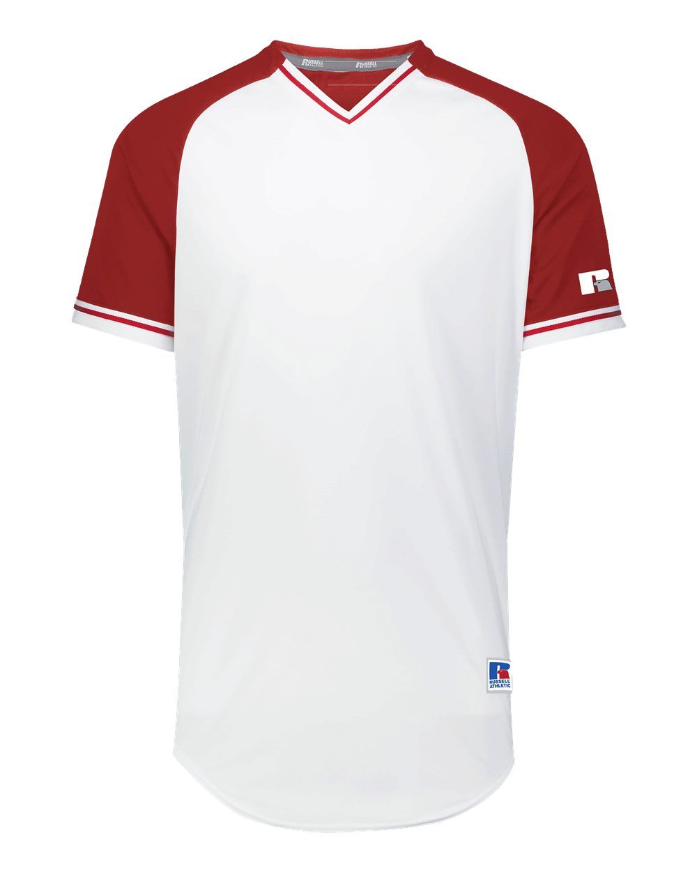 Russell Athletic R01X3M Unisex Classic V-Neck Jersey in White/ True Red/ White
