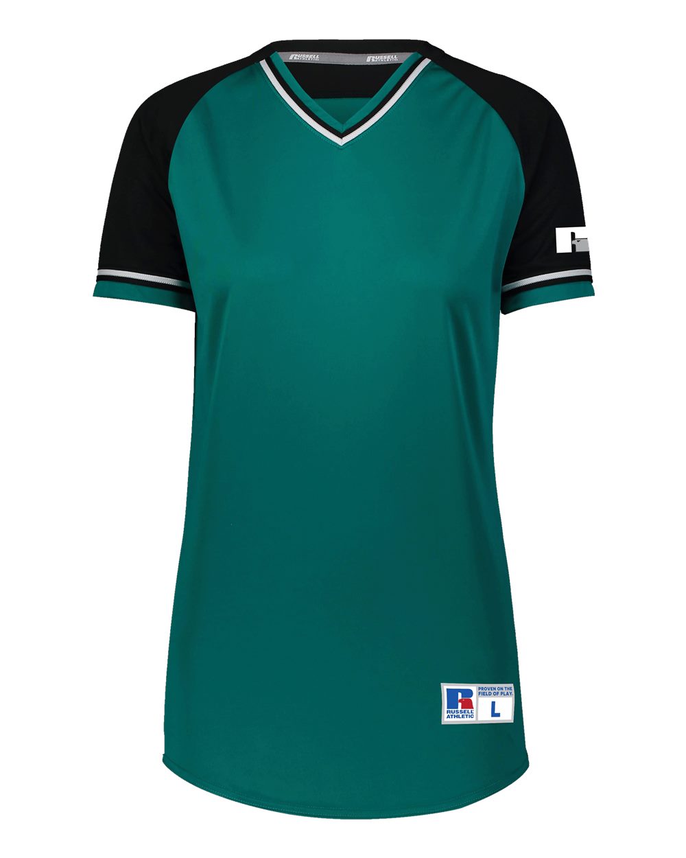 Russell Athletic R01X3X Women's Classic V-Neck Jersey in Aqua/ Black/ White