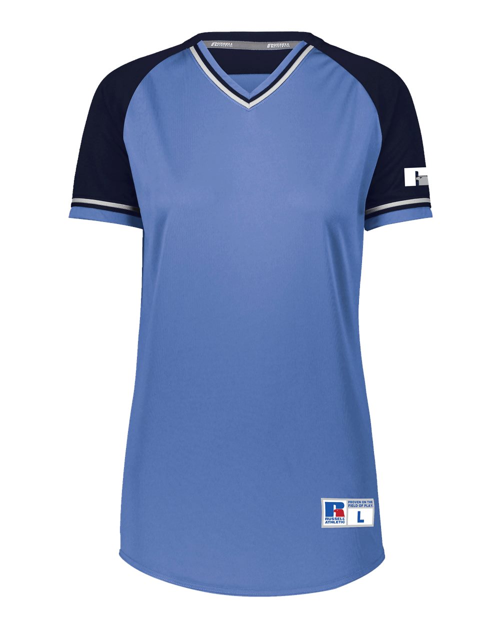 Russell Athletic R01X3X Women's Classic V-Neck Jersey in Columbia Blue/ Navy/ White