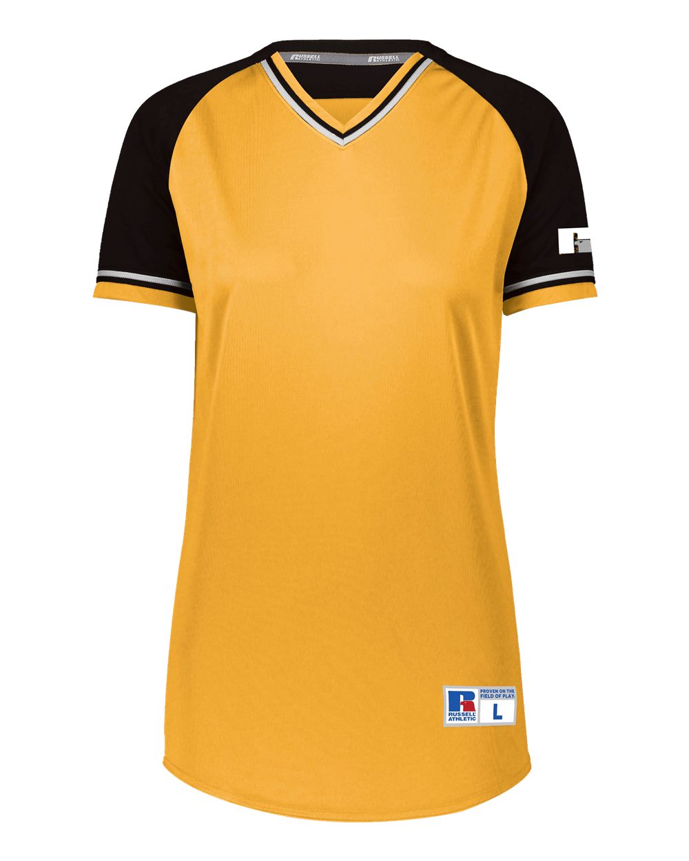 Russell Athletic R01X3X Women's Classic V-Neck Jersey in Gold/ Black/ White