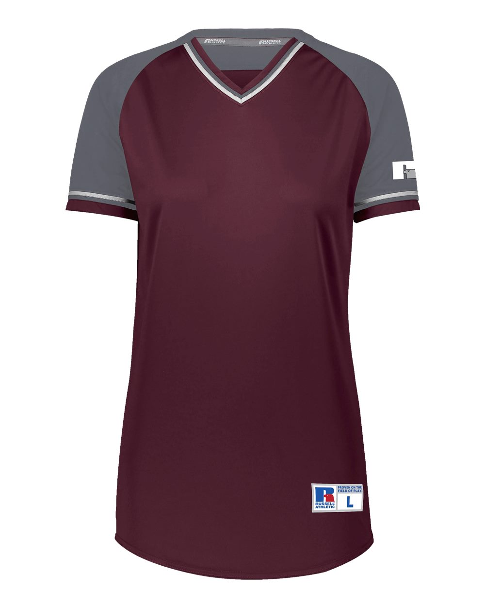 Russell Athletic R01X3X Women's Classic V-Neck Jersey in Maroon/ Steel/ White