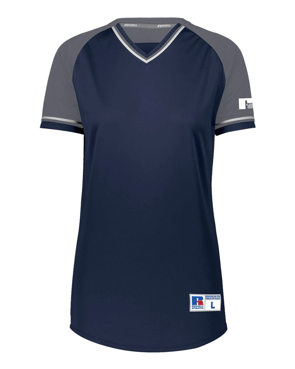 Russell Athletic R01X3X Women's Classic V-Neck Jersey in Navy/ Steel/ White