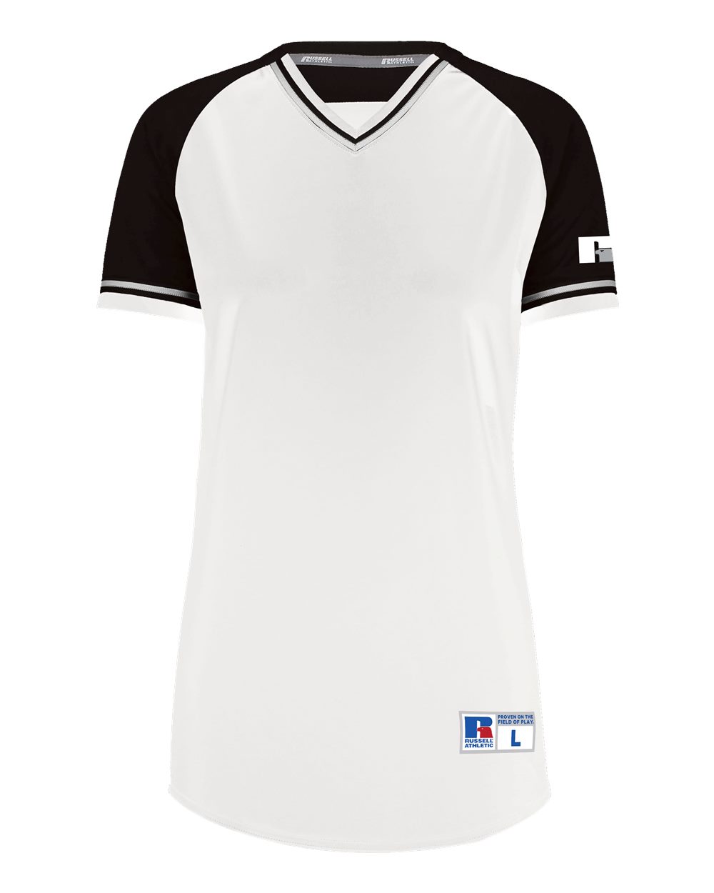 Russell Athletic R01X3X Women's Classic V-Neck Jersey in White/ Black/ White
