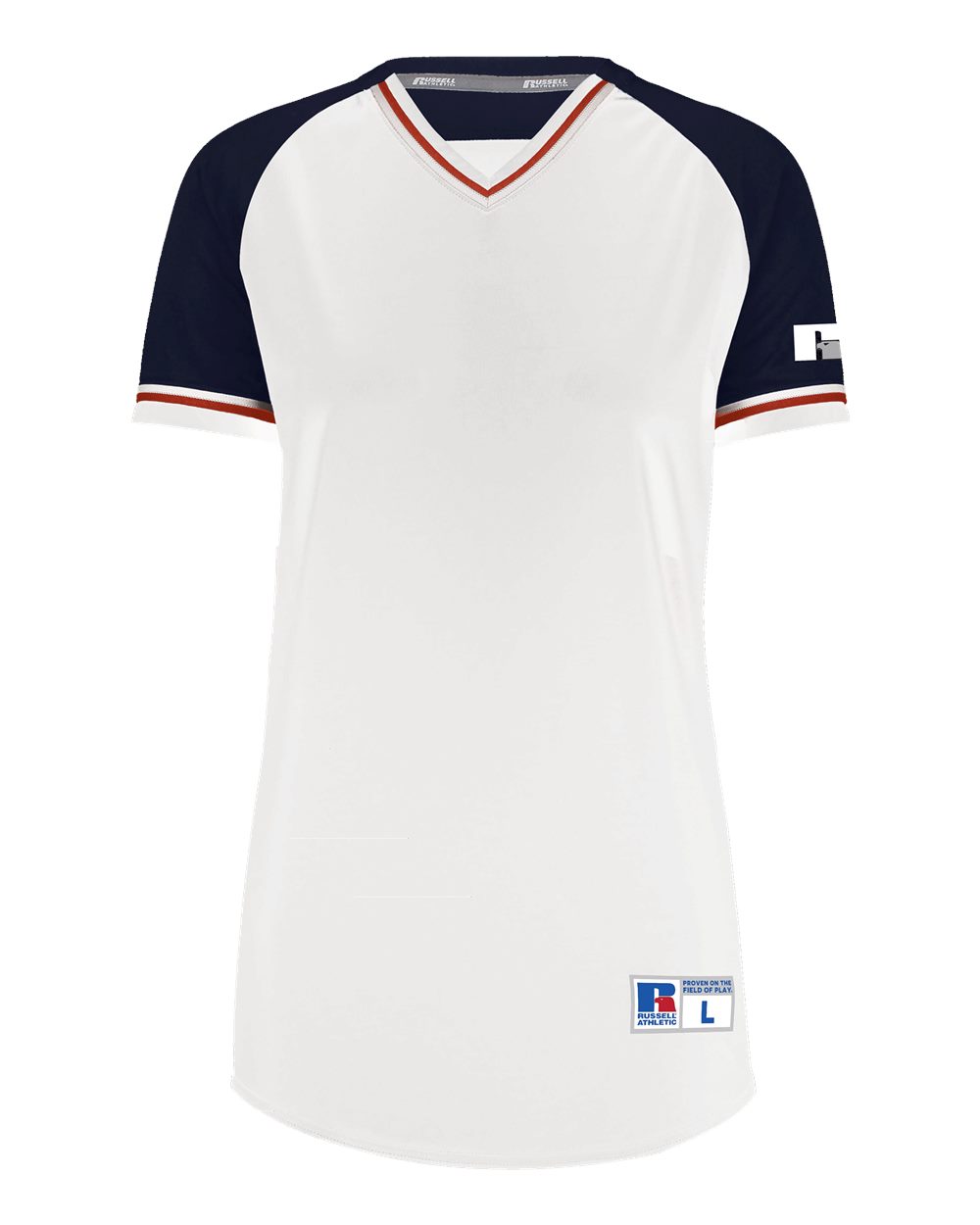 Russell Athletic R01X3X Women's Classic V-Neck Jersey in White/ Navy/ True Red