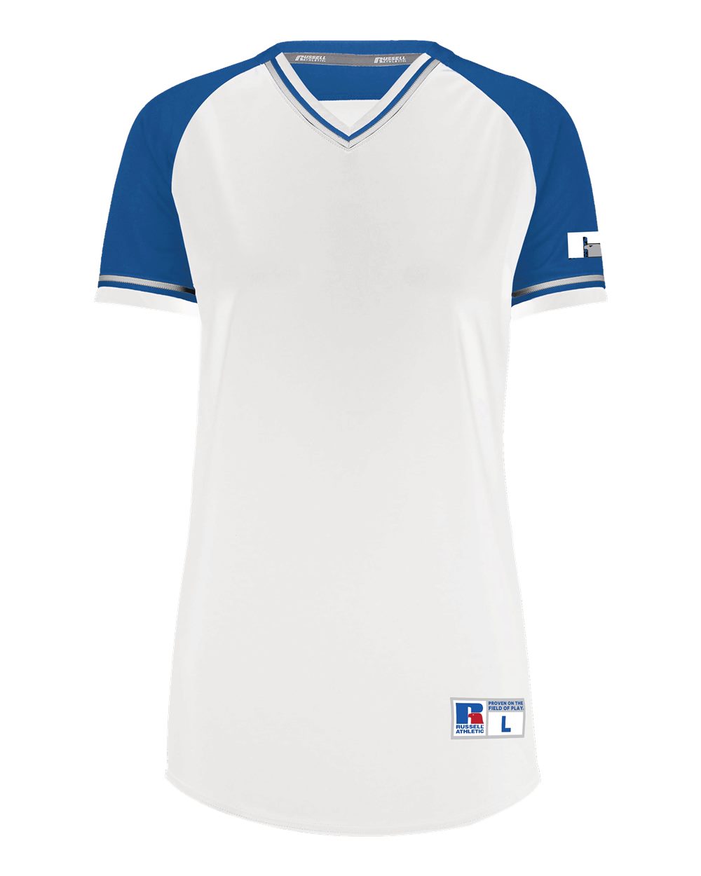 Russell Athletic R01X3X Women's Classic V-Neck Jersey in White/ Royal/ White