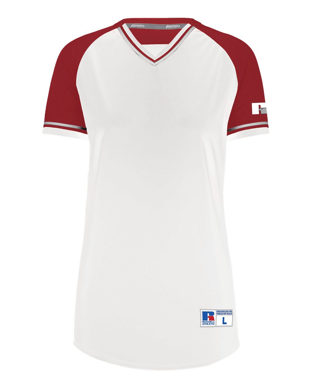 Russell Athletic R01X3X Women's Classic V-Neck Jersey in White/ True Red/ White